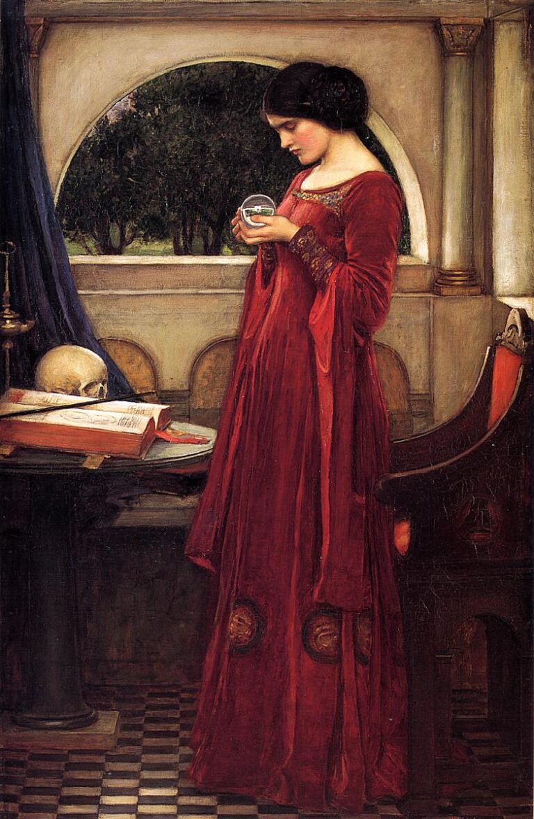 John William Waterhouse’s 1902 painting The Crystal Ball showing a woman in a deep red gown studying a crystal orb beside books and a skull in a stone interior with an arched window and dark trees outside.
