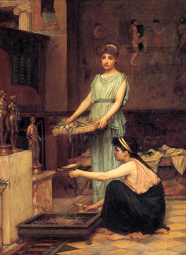 Two women in a Roman interior perform a domestic ritual at a household shrine, one kneeling with a shallow dish and small vessel beside a smoking offering tray while the other stands holding a basket of greenery near bronze statuettes on a marble altar.