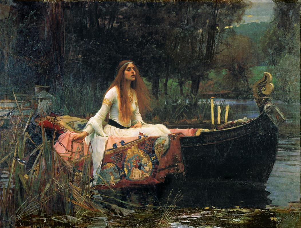 John William Waterhouse’s 1888 painting “The Lady of Shalott” shows a woman in a white dress seated in a dark boat beside reeds, a colorful tapestry draped over the side, candles near the prow, and a shadowy forest and river stretching into the distance.