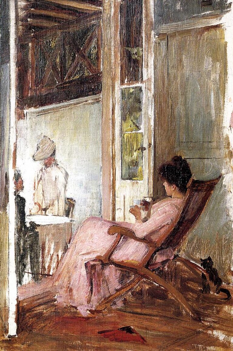 John William Waterhouse, The Loggia (1893), a woman in a pale pink dress reclines in a wooden chaise inside a sunlit loggia while a standing figure appears beyond the doorway, with warm wooden floors and a small dark pet near the foreground.