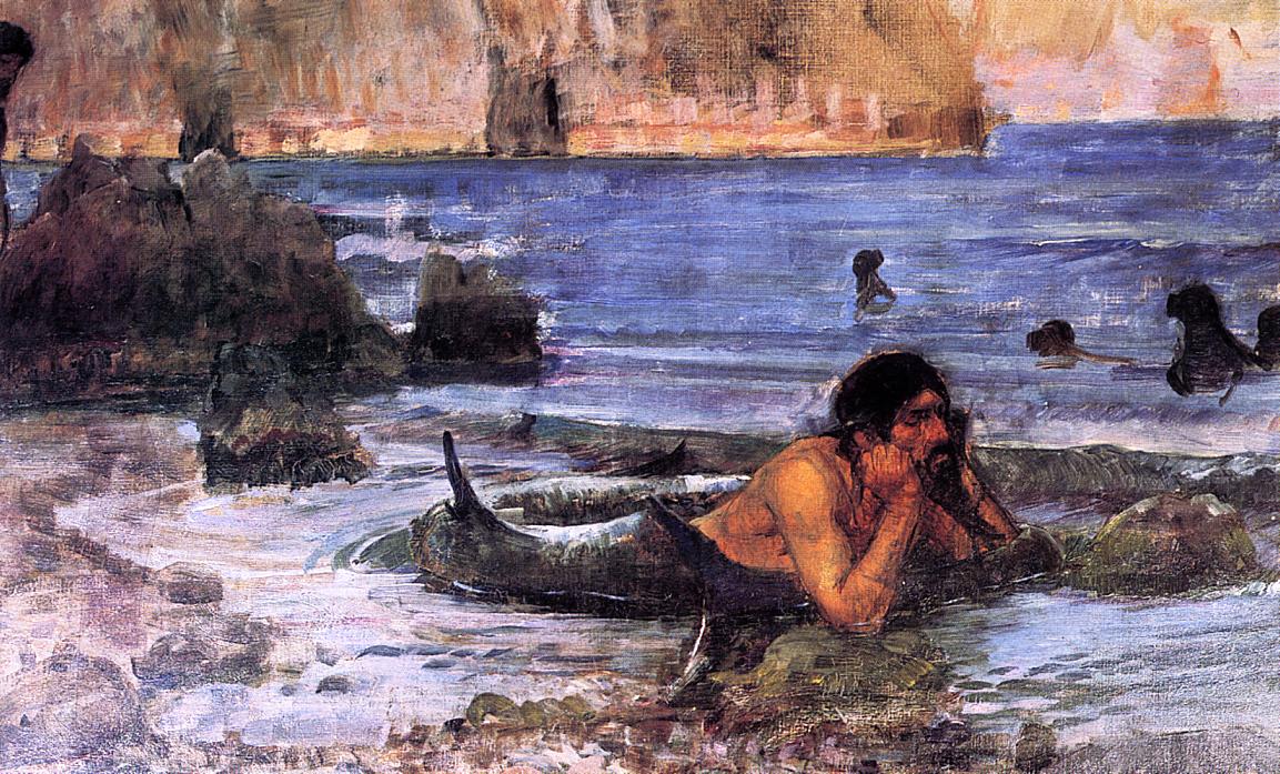 A merman with a dark tail lies propped on his elbows on a rocky shoreline, hands to his face in a pensive pose, while blue waves and pale foam swirl around him and small distant figures bob in the sea beneath warm-toned cliffs.