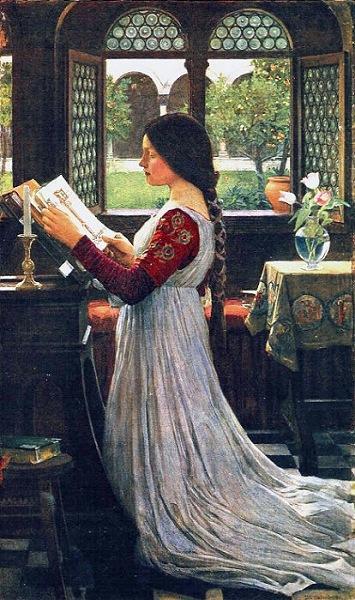John William Waterhouse, The Missal (1902), a woman in a red embroidered bodice and pale flowing dress reads an illuminated missal beside a lit candle in a dark wooden room with open leaded windows looking onto a green courtyard, with flowers in a glass vase on a nearby table.