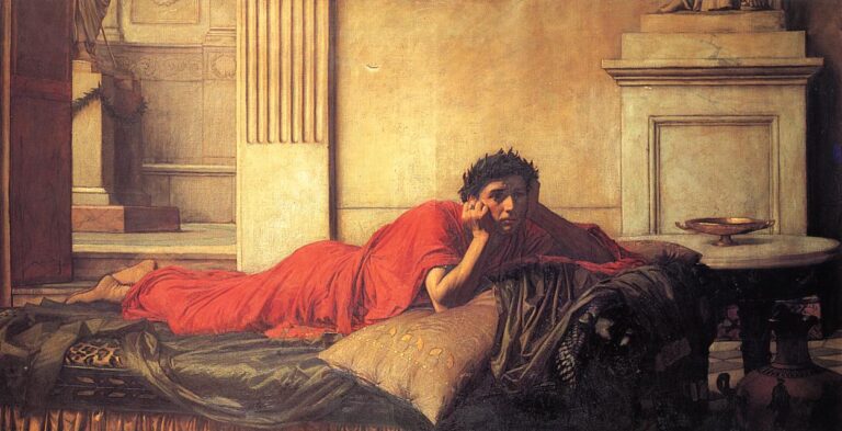 John William Waterhouse’s 1878 painting shows Nero reclining on a low couch in a marble interior, draped in vivid red as he stares forward with a troubled, remorseful expression; a small table with a dish and ceramic vessels sits nearby.