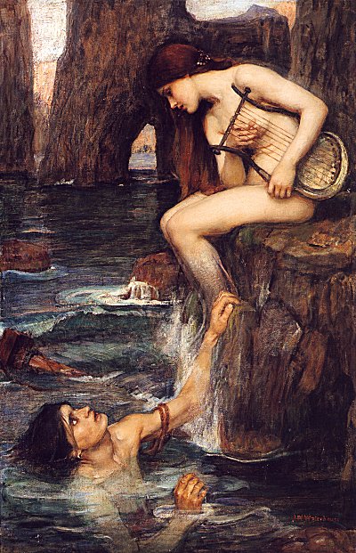 John William Waterhouse, The Siren (1900), a mythic female figure associated with a perilous coastal setting, painted with luminous color and Pre-Raphaelite detail.