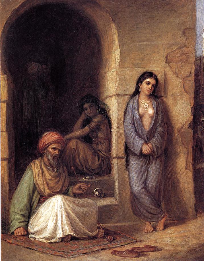 John William Waterhouse, The Slave (1872), showing a turbaned man seated on a rug with a pipe, a shadowed seated woman on a step, and a young woman standing in a blue drape against a stone wall beneath a dark archway.