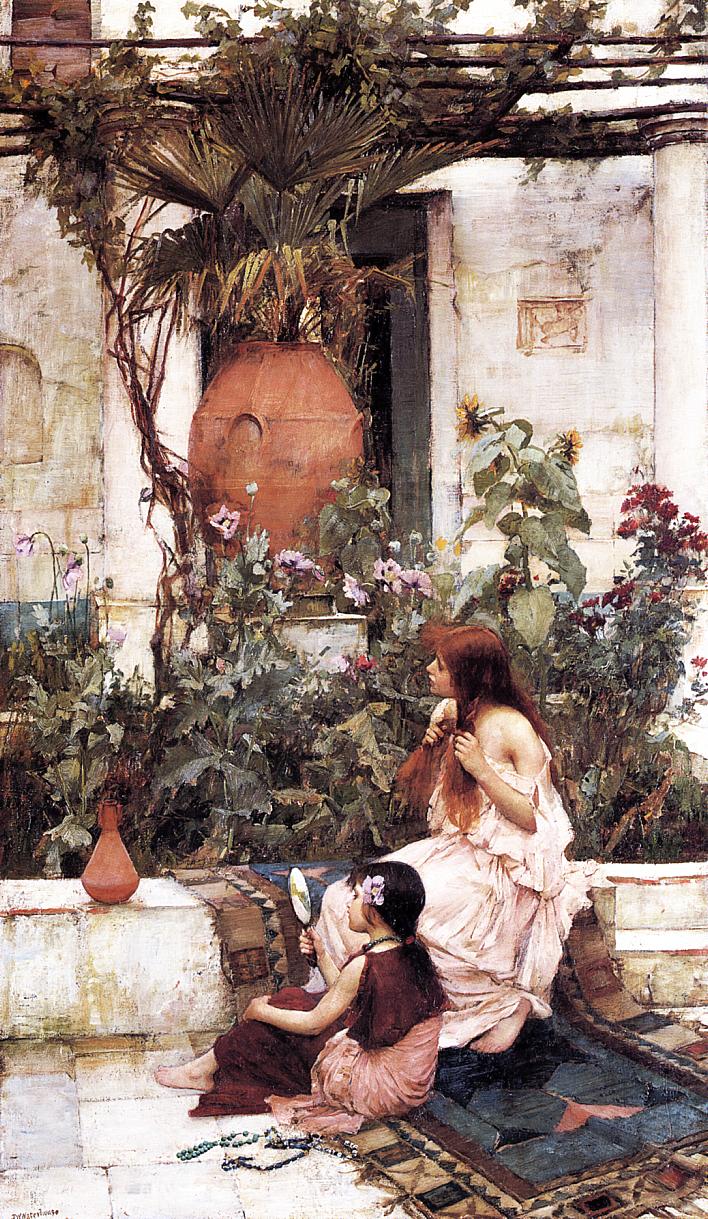 “The Toilet” (1889) by John William Waterhouse showing two women in flowing drapery seated on patterned rugs in a garden courtyard, one holding a hand mirror while the other gathers her long auburn hair, surrounded by terracotta vessels, flowers, and vine covered trellis.