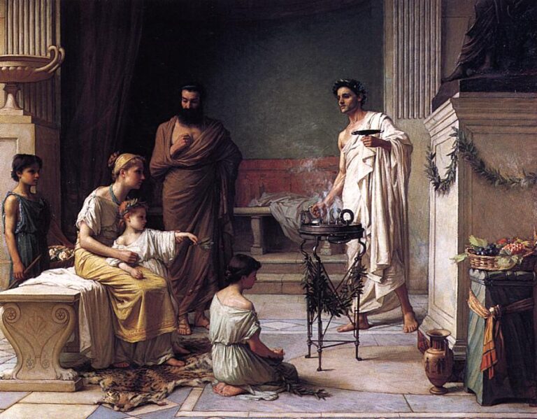 John William Waterhouse’s 1877 scene of a sick child reclined beside a seated woman in a marble temple as a laurel crowned officiant prepares vessels for a healing ritual, with family members and offerings nearby.