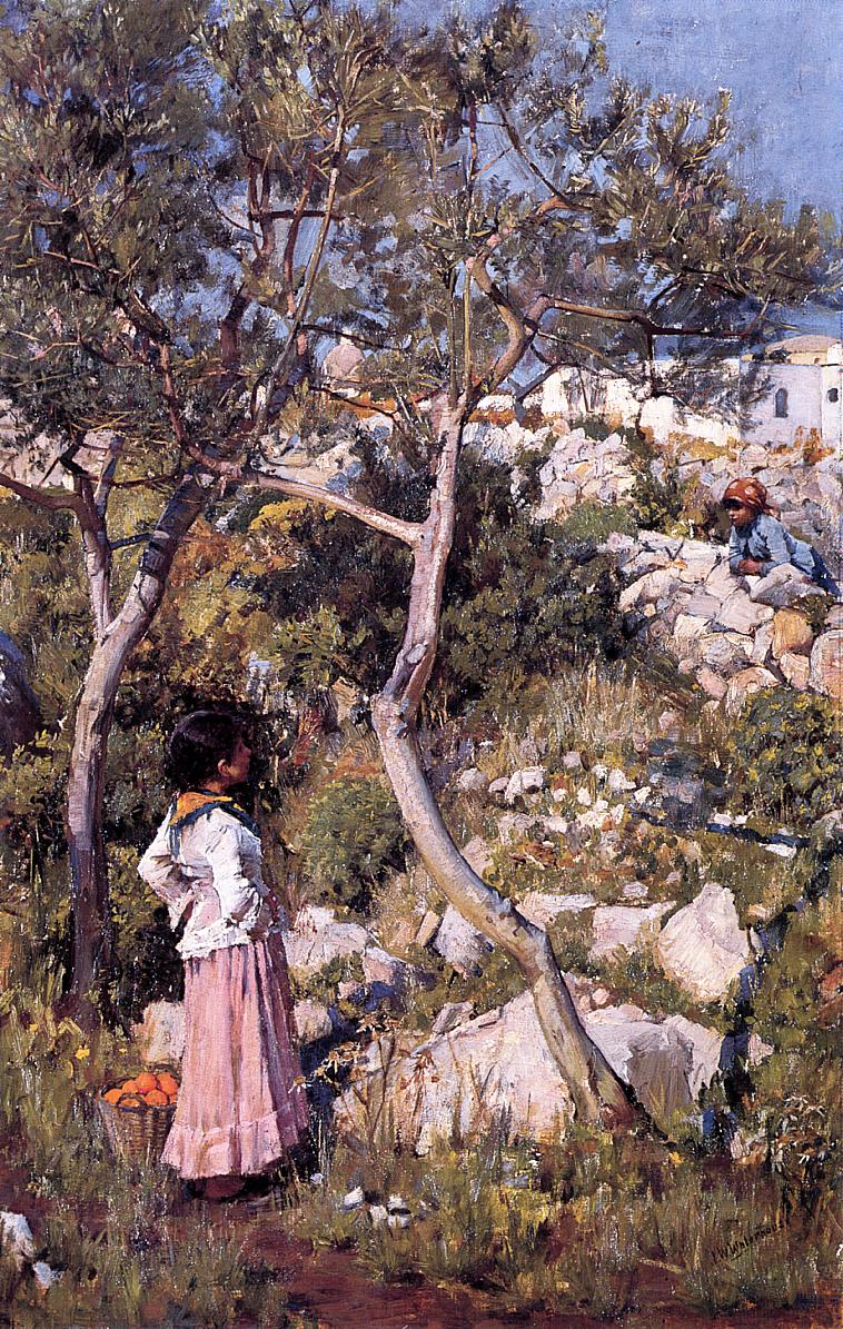 John William Waterhouse painting of two Italian girls on a rocky hillside beneath olive trees, one standing near a basket of oranges and the other perched on stones, with a sunlit white village and blue sky in the background.