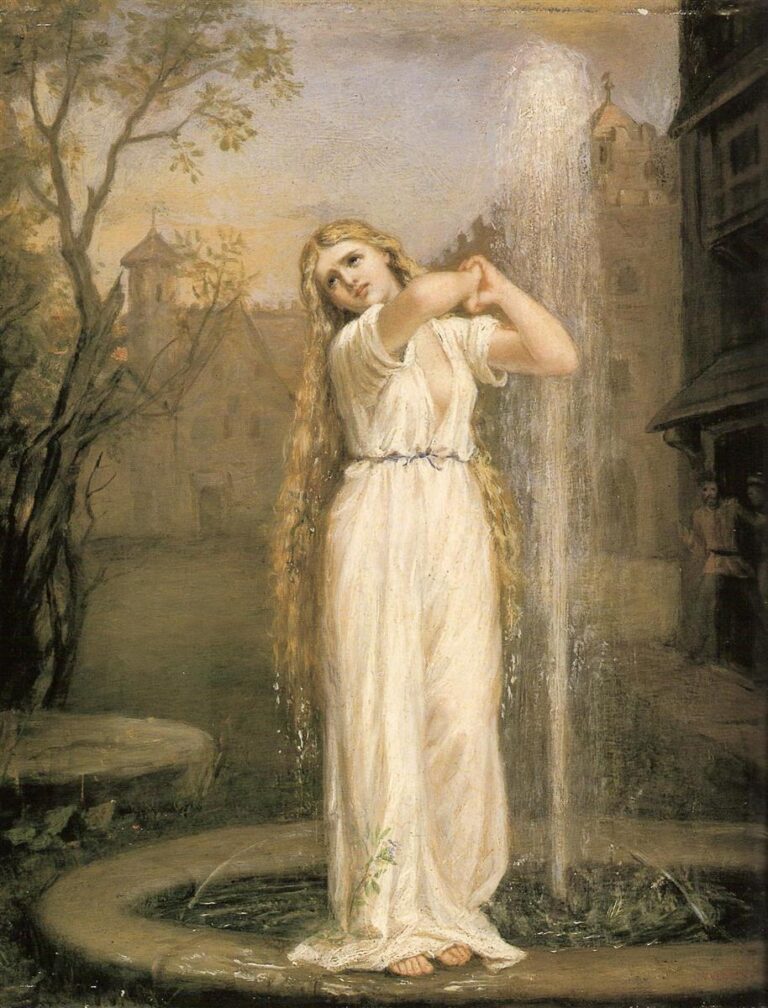 John William Waterhouse’s 1872 painting Undine showing a blonde woman in a flowing white dress beside a cascading fountain in a muted medieval courtyard at dusk.