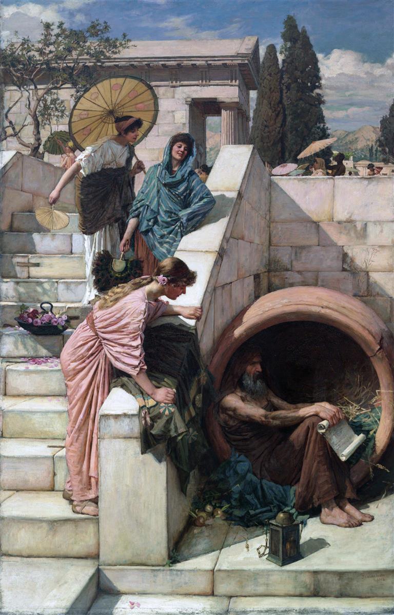 “Diogenes” (1882) by John William Waterhouse showing the bearded philosopher seated in the shadow of a large clay jar at the base of marble steps while three elegantly dressed women with parasols look down from a bright classical terrace under a blue sky.