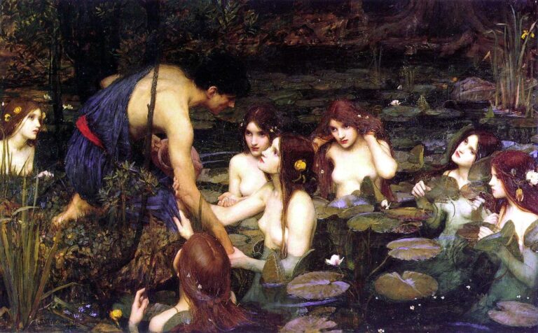 John William Waterhouse painting Hylas and the Nymphs (1896), showing Hylas leaning toward a dark pond as pale nymphs rise among lily pads and reach for his arm in a shadowy woodland setting.