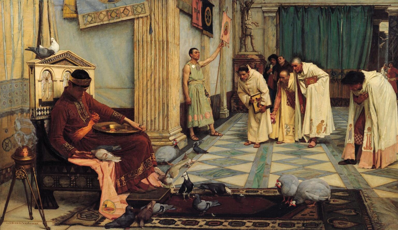 John William Waterhouse, The Favourites of Emperor Honorius (1883), Emperor seated in a Roman palace feeding birds while a group of white-robed churchmen bow and approach across a patterned marble floor.