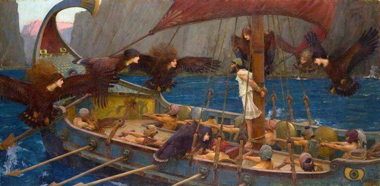 John William Waterhouse painting of Ulysses bound to a ship’s mast as winged sirens circle above a blue sea while exhausted oarsmen row with ears covered.