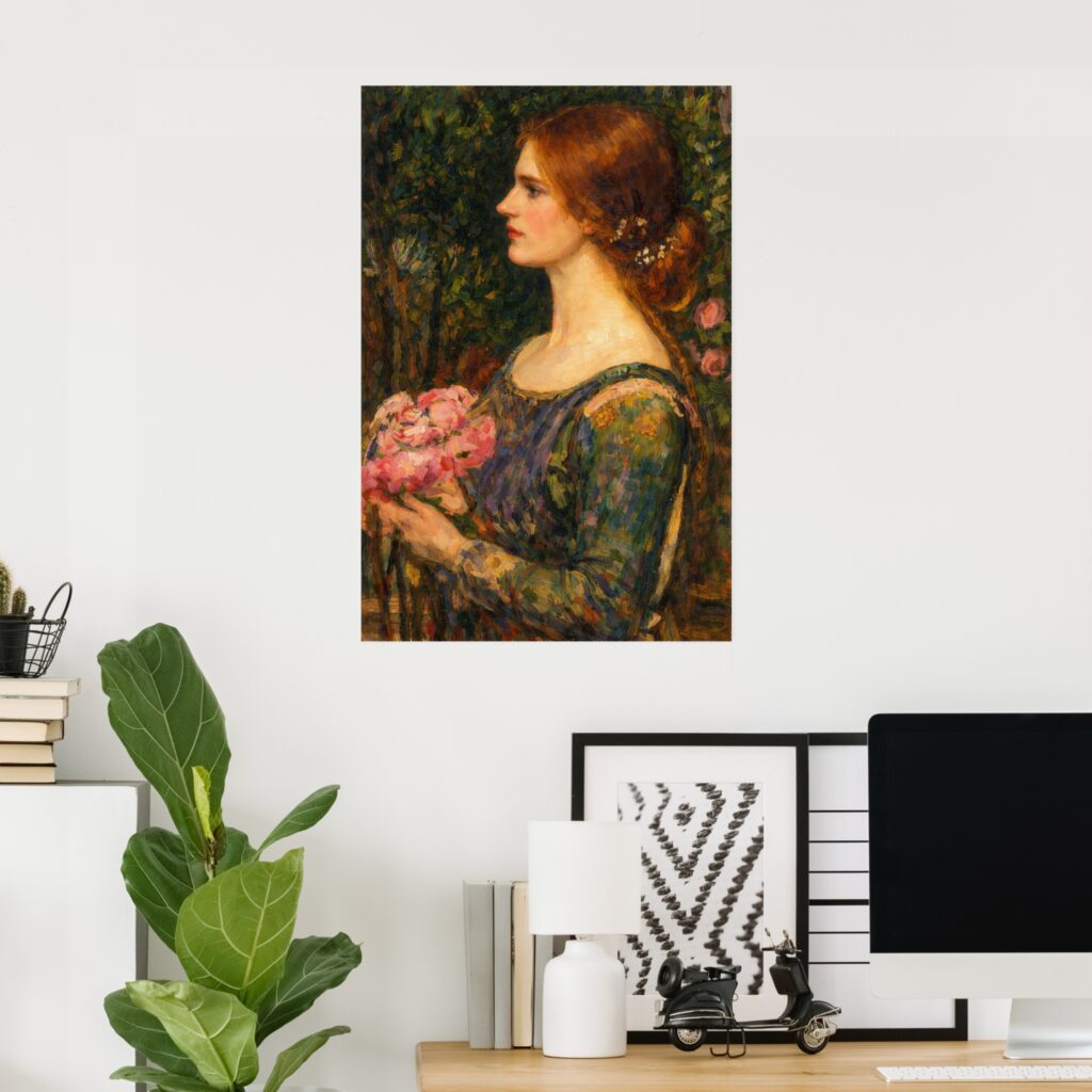 Poster of “The Bouquet” by John William Waterhouse, featuring a red-haired woman in profile holding pink flowers, classic Victorian/Pre-Raphaelite style wall art.