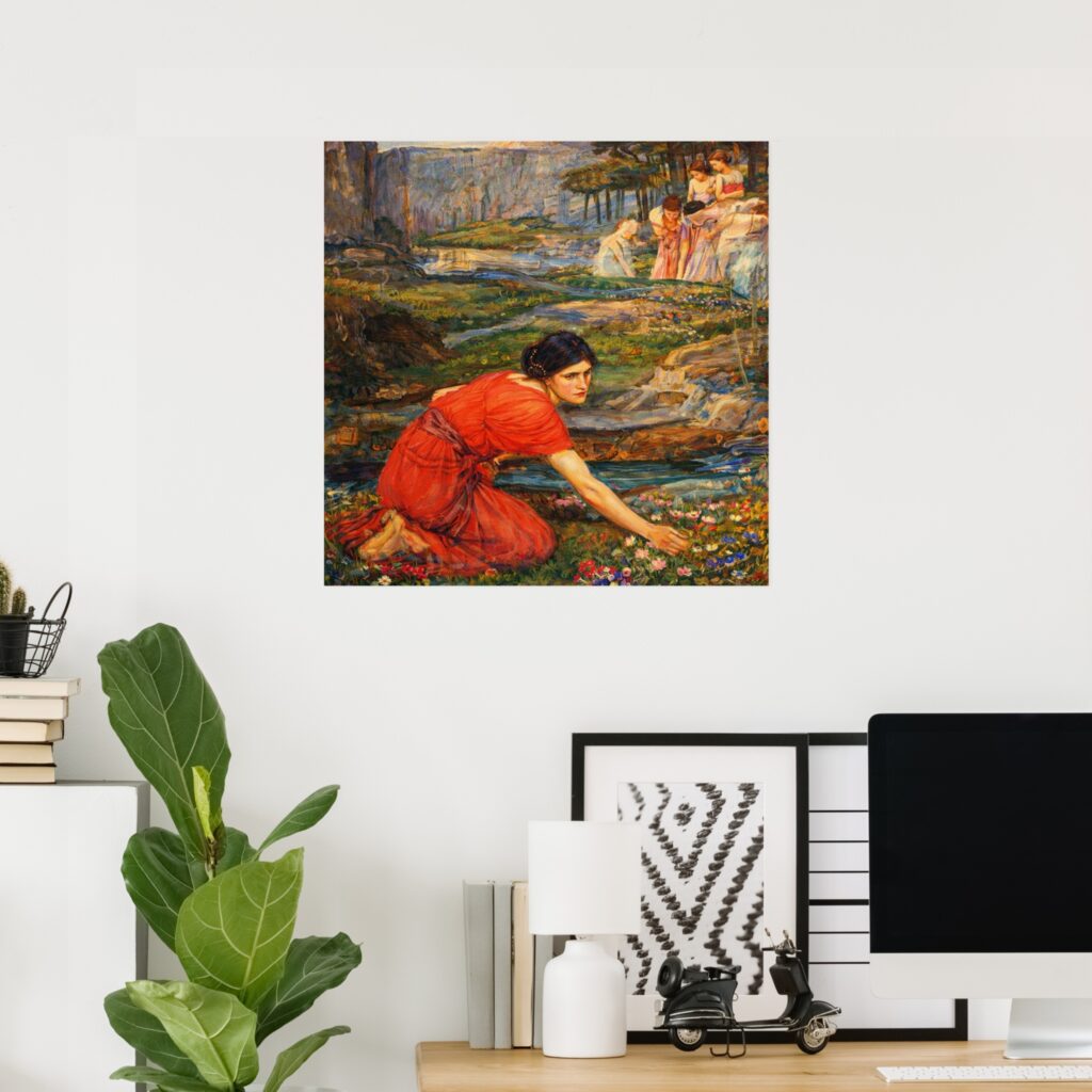 Poster of “Maidens Picking Flowers by a Stream” by John William Waterhouse, showing a red-dressed maiden kneeling by a stream picking wildflowers in a lush landscape, displayed on a modern home office wall above a desk.
