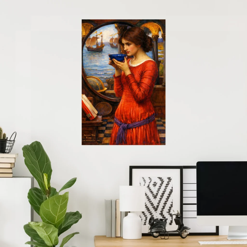 Poster of “Destiny” by John William Waterhouse, showing a woman in a red dress holding a blue bowl, framed by an arched window with sailing ships on the sea in the background.