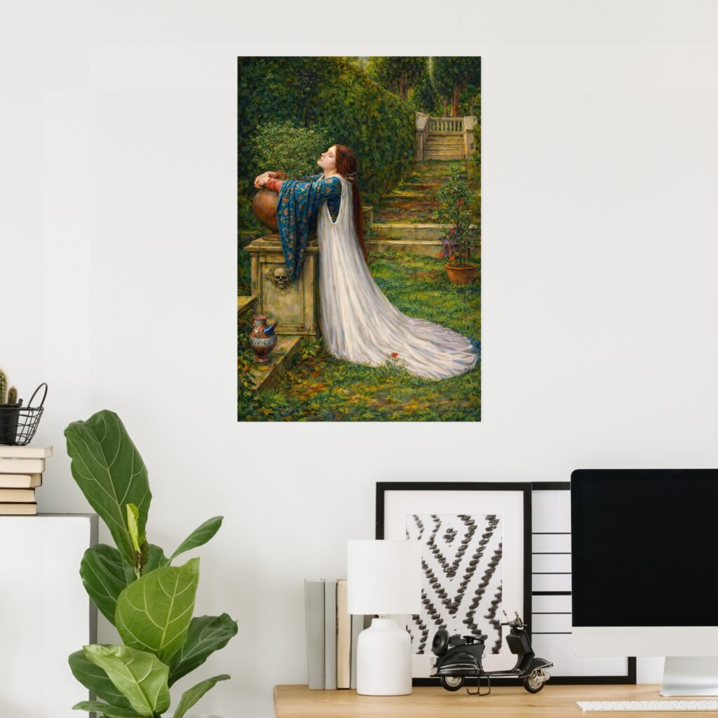 Poster of “Isabella and the Pot of Basil” by John William Waterhouse, Pre-Raphaelite painting showing Isabella in a garden leaning over a pot of basil beside a stone pedestal, wearing a flowing white dress and blue patterned sleeves.
