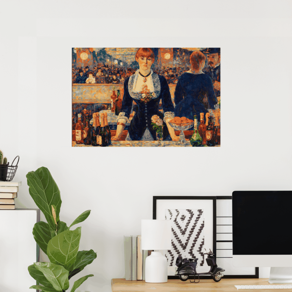 Poster of “A Bar at the Folies-Bergere” by Edouard Manet, featuring a barmaid standing behind bottles, flowers, and fruit in a lively Paris music hall interior.