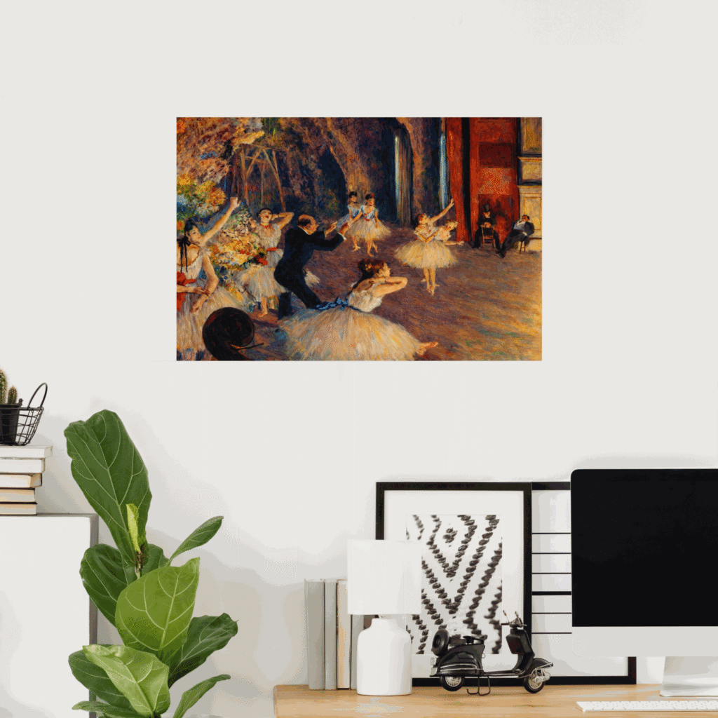 Poster of The Rehearsal of the Ballet on Stage by Edgar Degas, featuring ballet dancers practicing on stage with a conductor in a warm Impressionist theater scene.