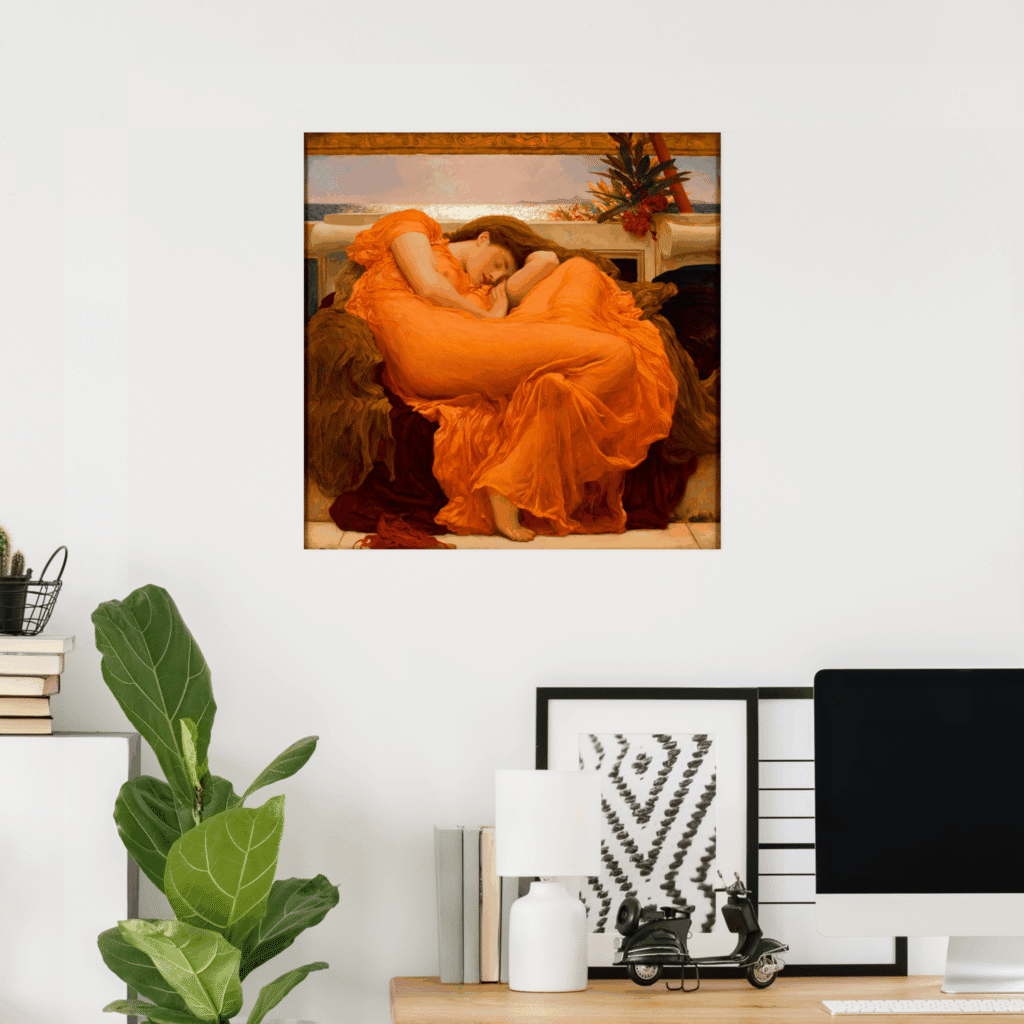 Poster of Flaming June by Frederic Leighton, featuring a sleeping woman in a flowing orange dress curled on a marble bench beside the sea, with warm classical colors and Pre-Raphaelite style.