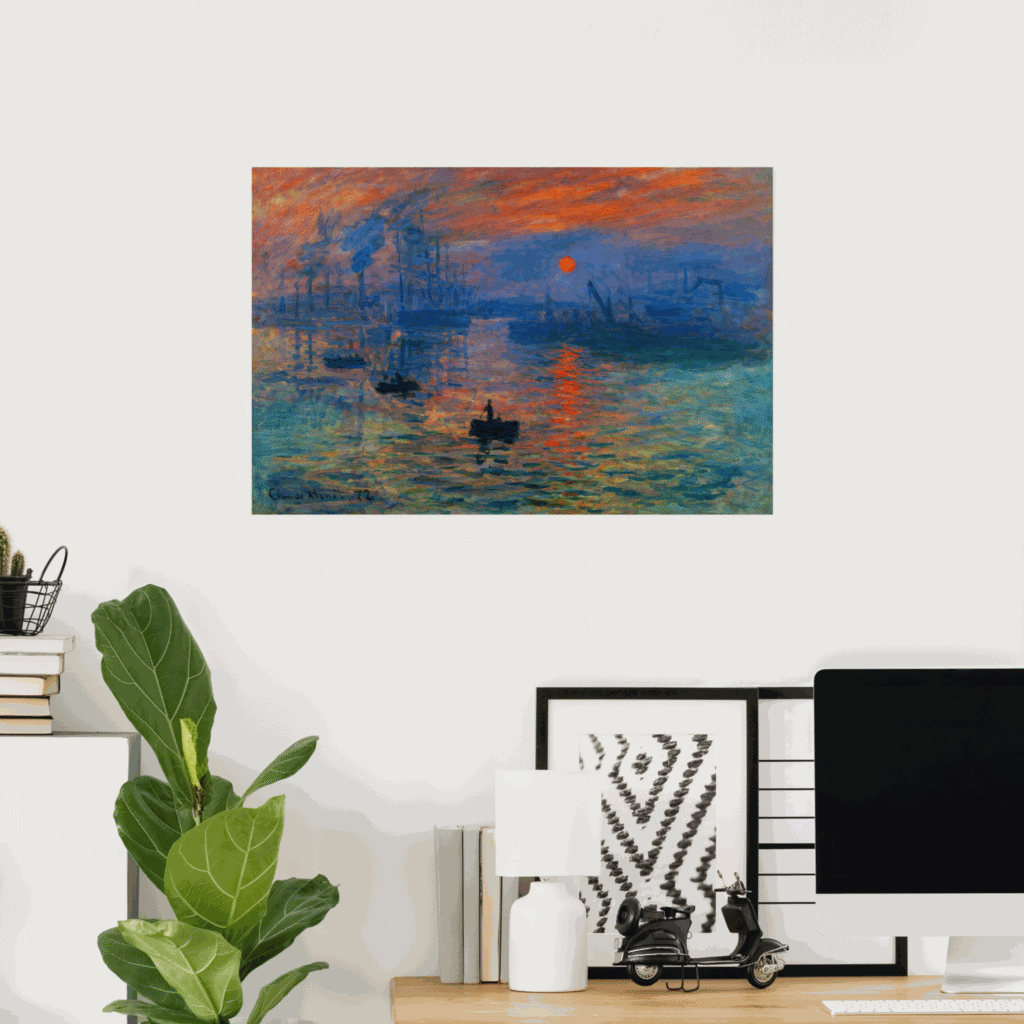 Poster of Impression, Sunrise by Claude Monet, featuring a glowing orange sun over Le Havre harbor, blue water, small boats, and soft Impressionist brushstrokes.