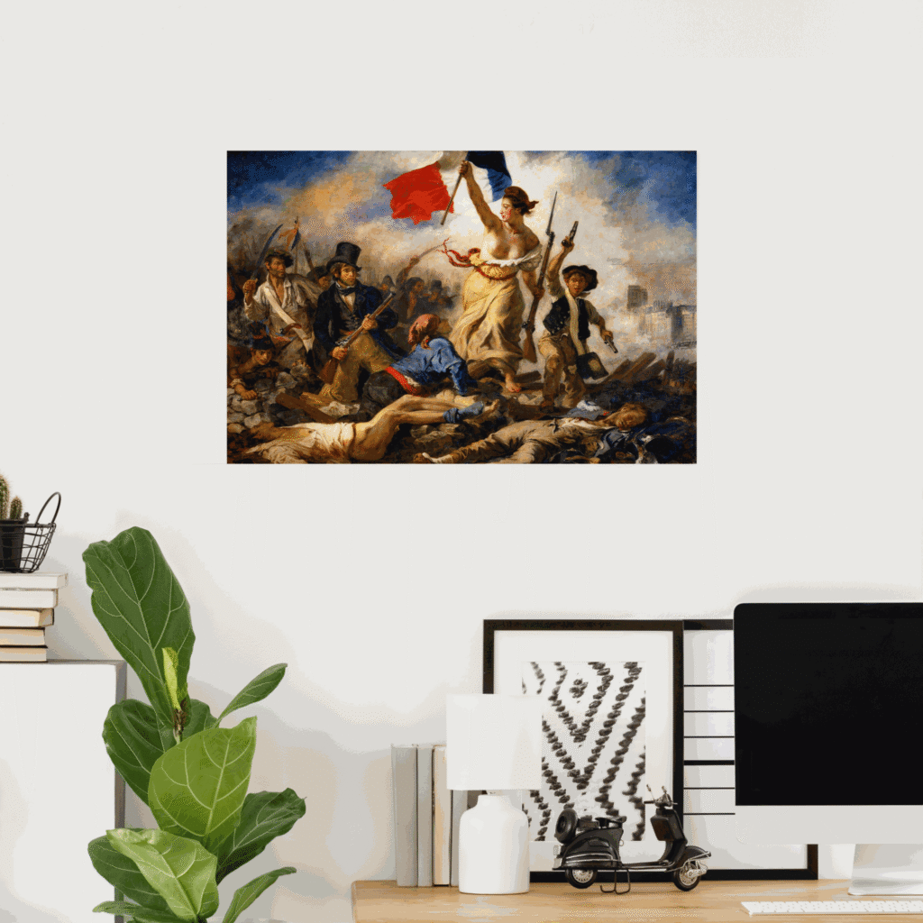 Poster of “Liberty Leading the People” by Eugene Delacroix, featuring the allegorical figure of Liberty raising the French tricolor above revolutionaries on a Paris battlefield.
