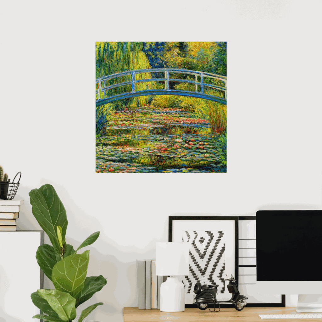 Poster of The Japanese Bridge (The Water-Lily Pond) by Claude Monet, featuring a blue arched bridge above a lily-filled pond in a vibrant Impressionist garden scene.