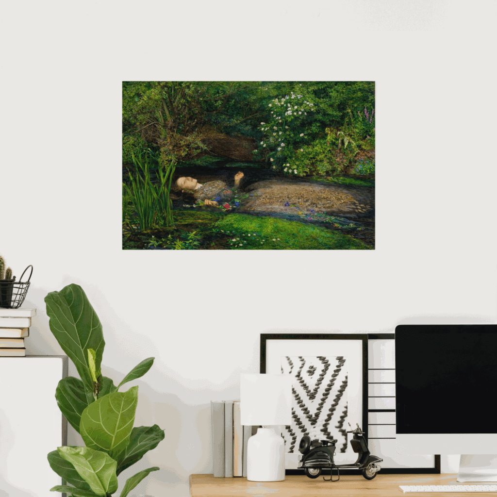 Poster of Ophelia by John Everett Millais, showing the tragic Shakespearean heroine floating in a flower-filled river, displayed as wall art in a modern home office.