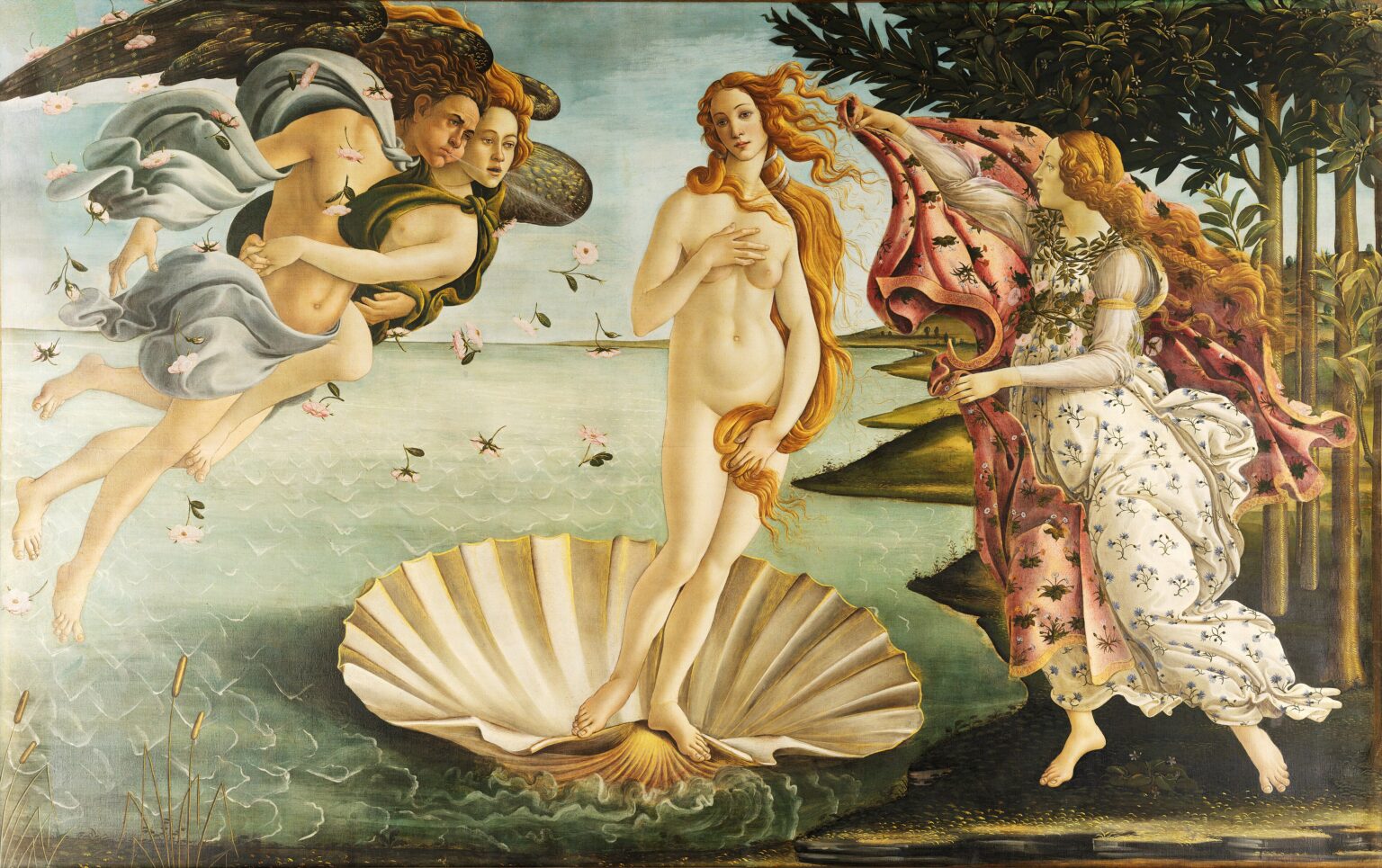 Sandro Botticelli’s The Birth of Venus showing the nude goddess Venus standing on a shell at sea, blown toward shore by wind deities while a robed female figure prepares to cover her with a floral mantle.