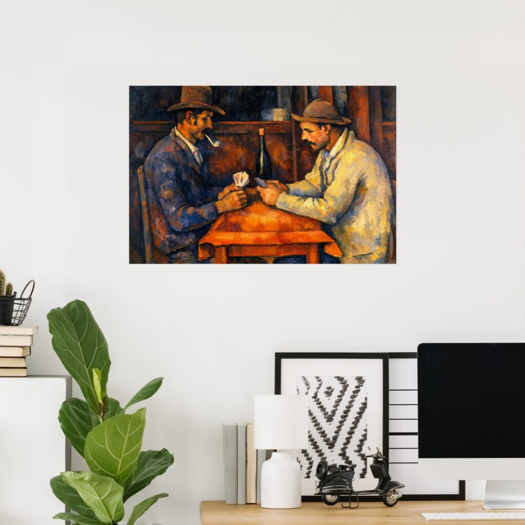 Poster print of The Card Players by Paul Cezanne, showing two rural men seated at a small table playing cards in a warm, earthy interior.