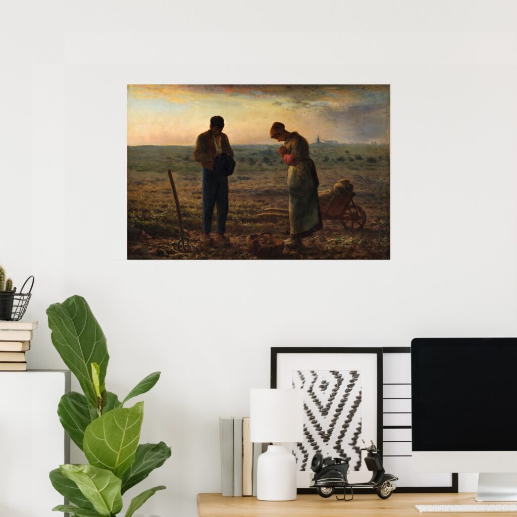 Poster of The Angelus by Jean-Francois Millet, featuring two peasants praying in a field at sunset, displayed as a classic farmhouse wall art print.