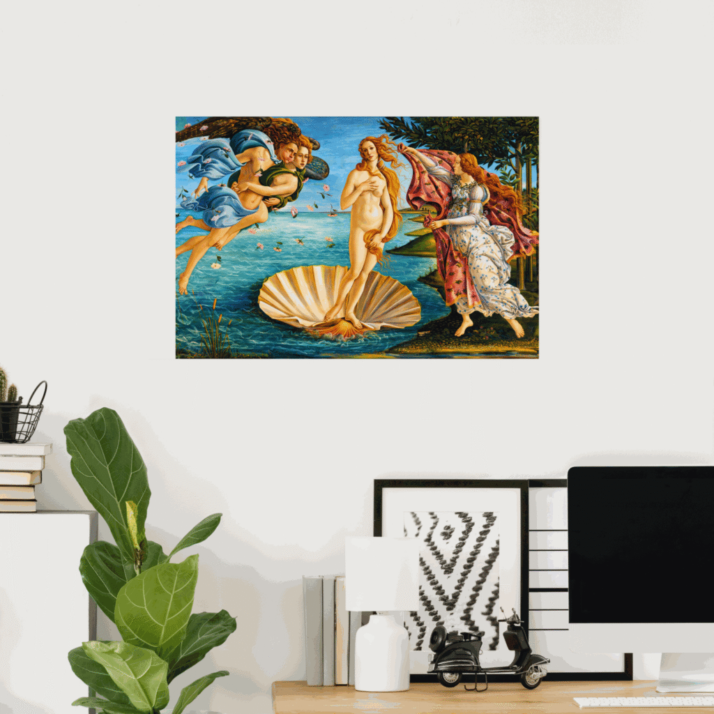 Poster of The Birth of Venus by Sandro Botticelli featuring Venus standing on a seashell, with mythological figures and flowing drapery in a classic Renaissance wall art print.