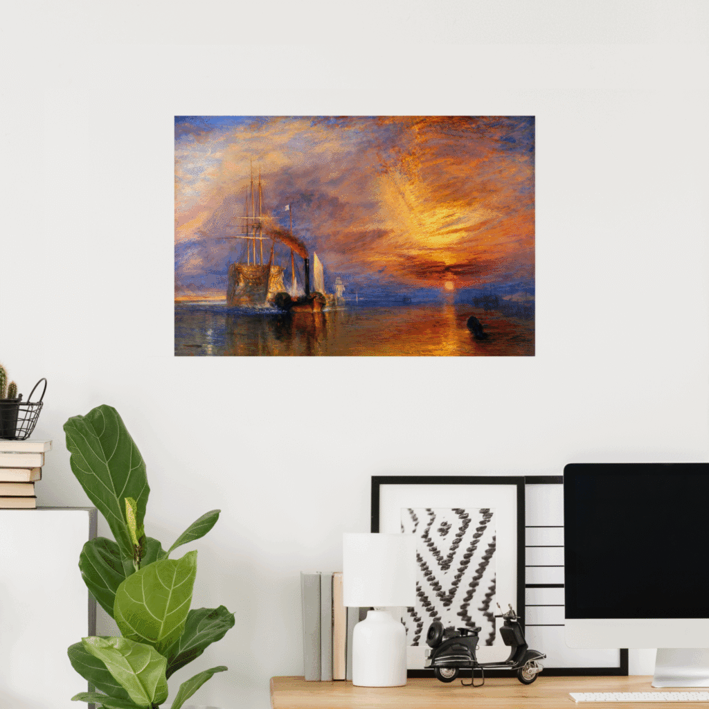 Poster of The Fighting Temeraire by J.M.W. Turner, featuring the historic warship being towed at sunset across glowing water, with dramatic orange, gold, and blue skies in a home office setting.