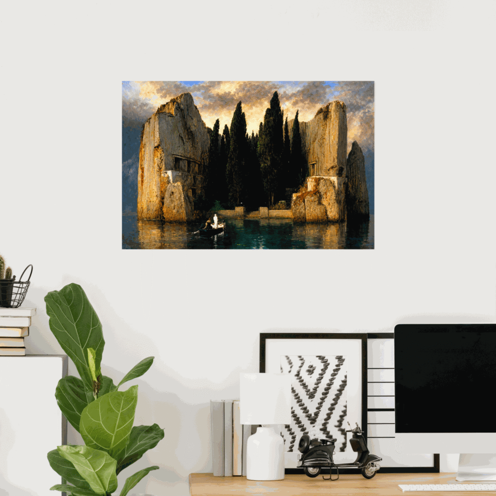 Poster of The Isle of the Dead by Arnold Böcklin, showing a small boat approaching a rocky island filled with dark cypress trees beneath a dramatic glowing sky.