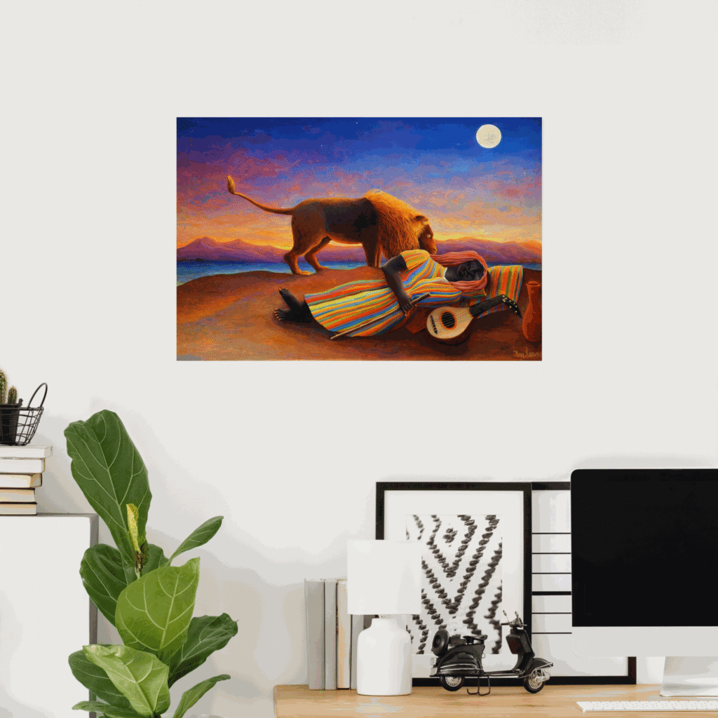 Alt text: Poster of The Sleeping Gypsy by Henri Rousseau, featuring a sleeping woman in a striped robe resting in a moonlit desert landscape while a lion stands beside her, with distant mountains and a vivid twilight sky in the background.