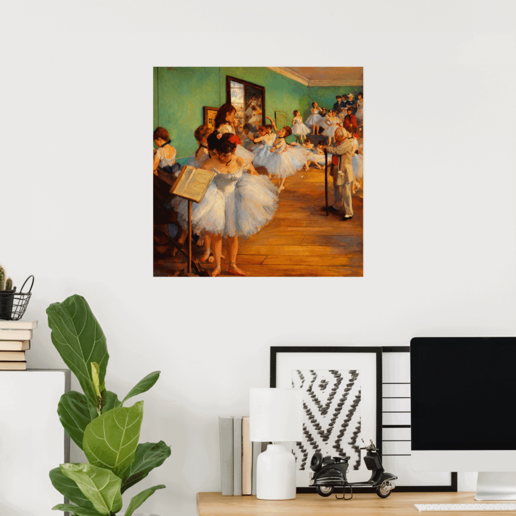 Poster of The Dance Class by Edgar Degas, 1874, featuring young ballerinas in white tutus rehearsing with their instructor in a sunlit ballet studio.