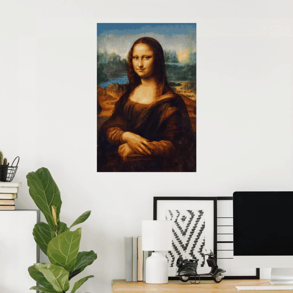 Poster of Mona Lisa by Leonardo da Vinci, featuring the iconic Renaissance portrait with the subject’s subtle smile, folded hands, and atmospheric landscape background.