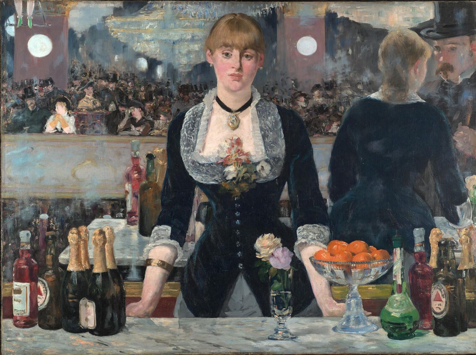 Edouard Manet’s “A Bar at the Folies-Bergere” shows a solemn barmaid standing behind a marble counter filled with bottles, flowers, and oranges, with a crowded music hall and mirror reflections behind her.