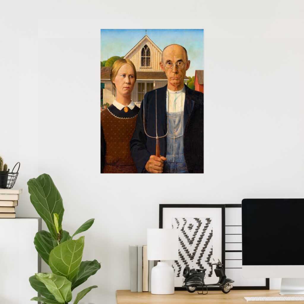 American Gothic poster by Grant Wood featuring the iconic farmer and woman standing in front of a white farmhouse, framed as classic American rural wall art for home office decor.