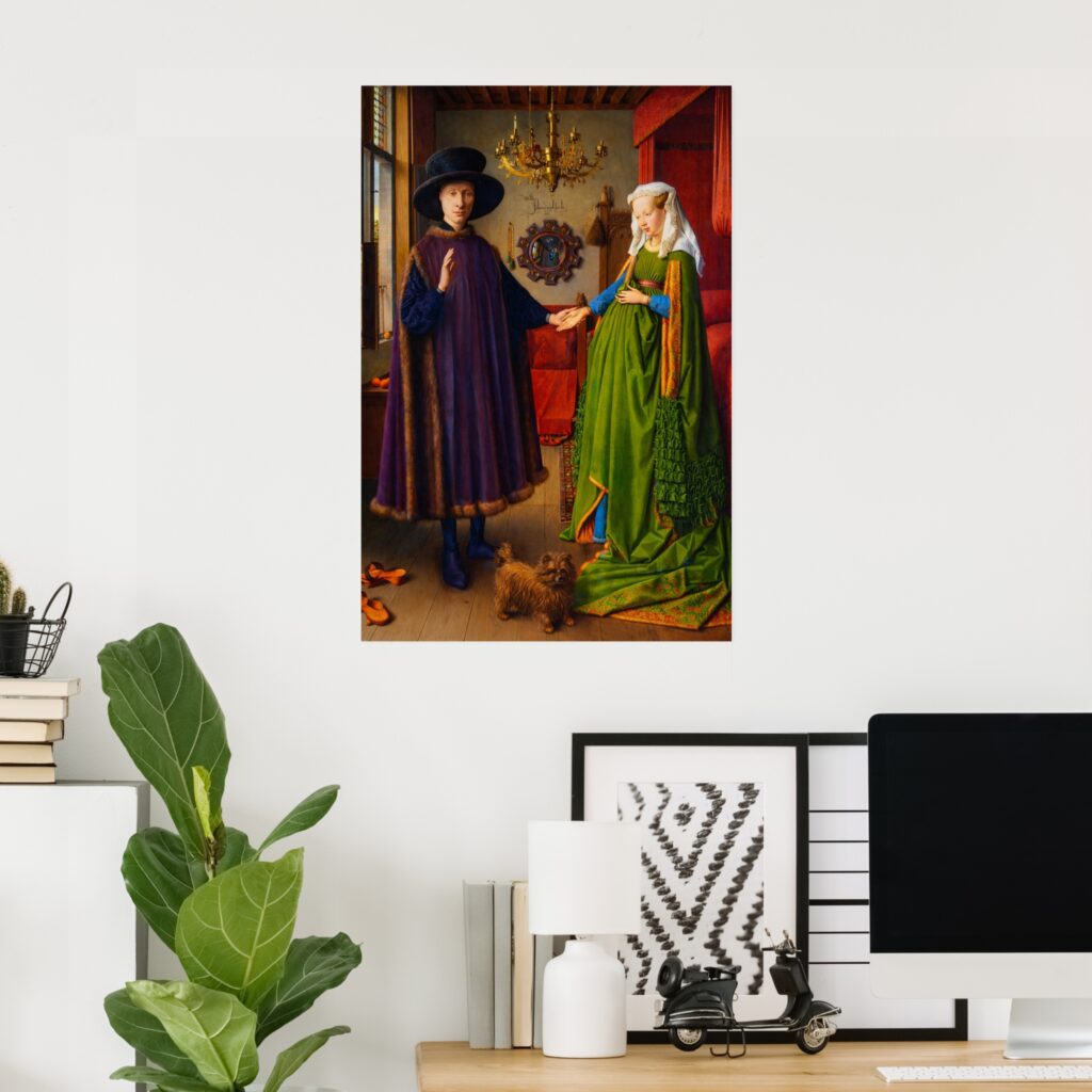 Poster of The Arnolfini Portrait by Jan van Eyck, featuring a wealthy couple standing in an elegant interior with a small dog, chandelier, mirror, and rich green and red garments in a Northern Renaissance masterpiece.