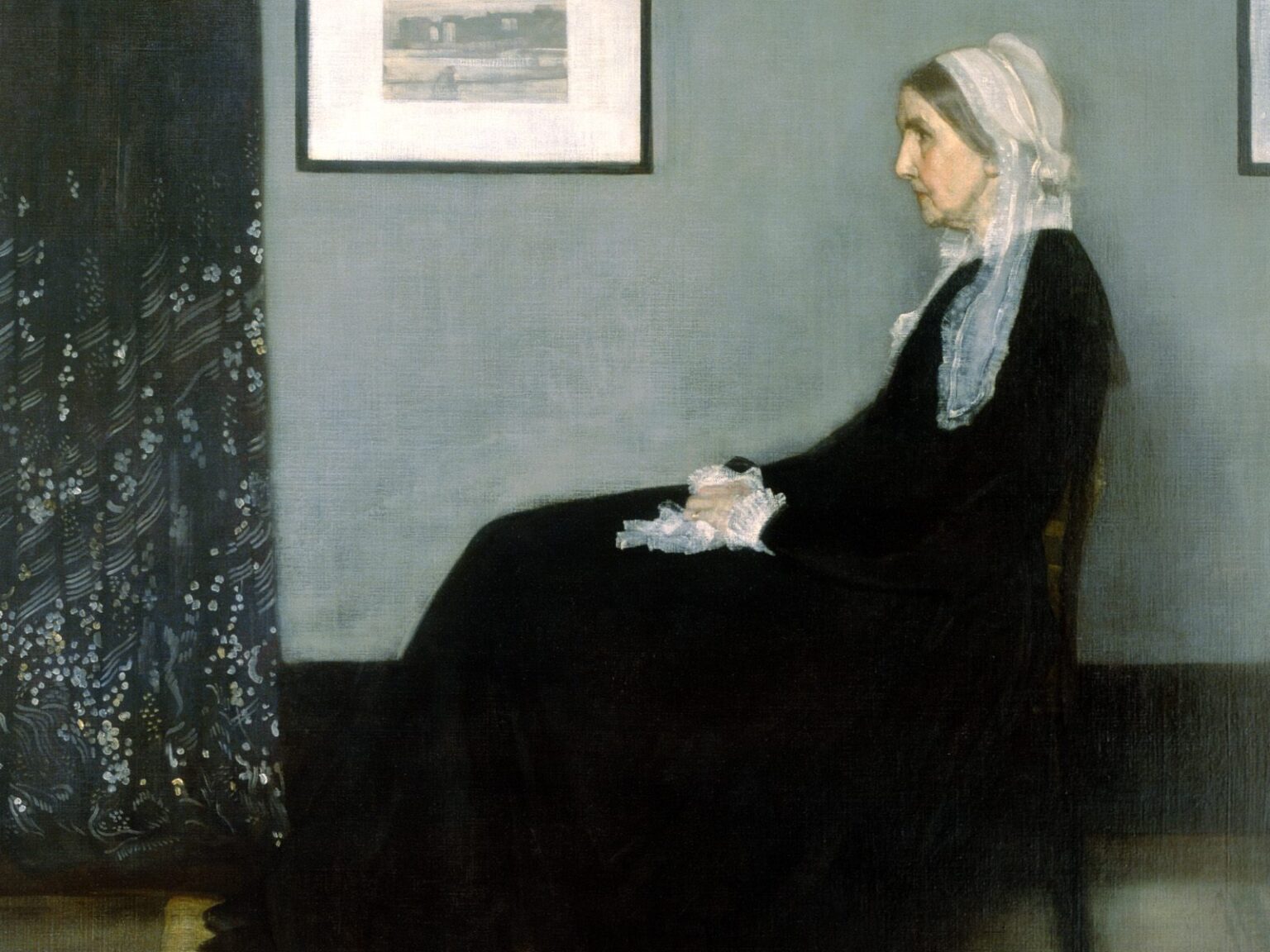 Whistler’s Mother by James McNeill Whistler, painted in 1871, showing an elderly woman in profile seated in a modest interior, dressed in black with a white bonnet against a grey wall.
