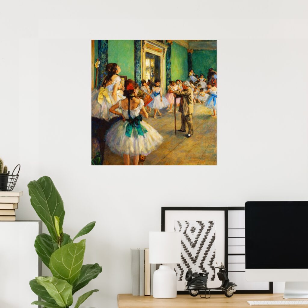 Poster of The Ballet Class by Edgar Degas, showing young ballet dancers in a rehearsal studio gathered around their instructor in a softly lit Impressionist interior.