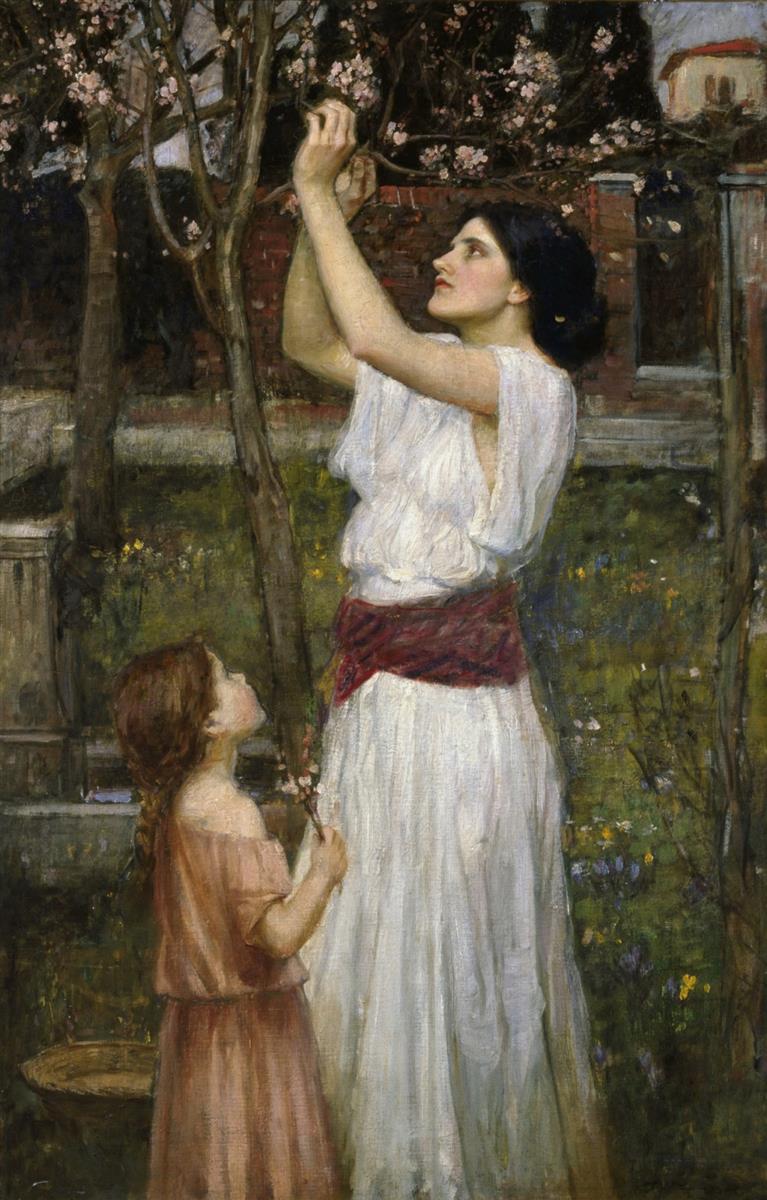 John William Waterhouse, Gathering Almond Blossoms (1916), woman in a white dress with a red sash reaches up to pick almond blossoms while a child holds a basket in a garden with trees and a brick wall.