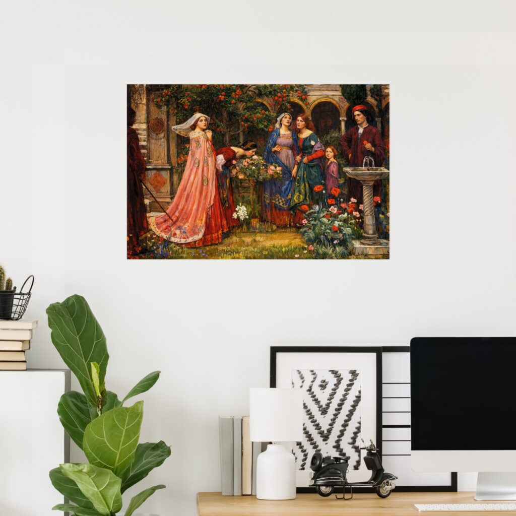 Poster of “The Enchanted Garden” by John William Waterhouse, featuring richly dressed figures in a flower-filled garden courtyard beside stone arches and a fountain, classic Pre-Raphaelite style wall art print.