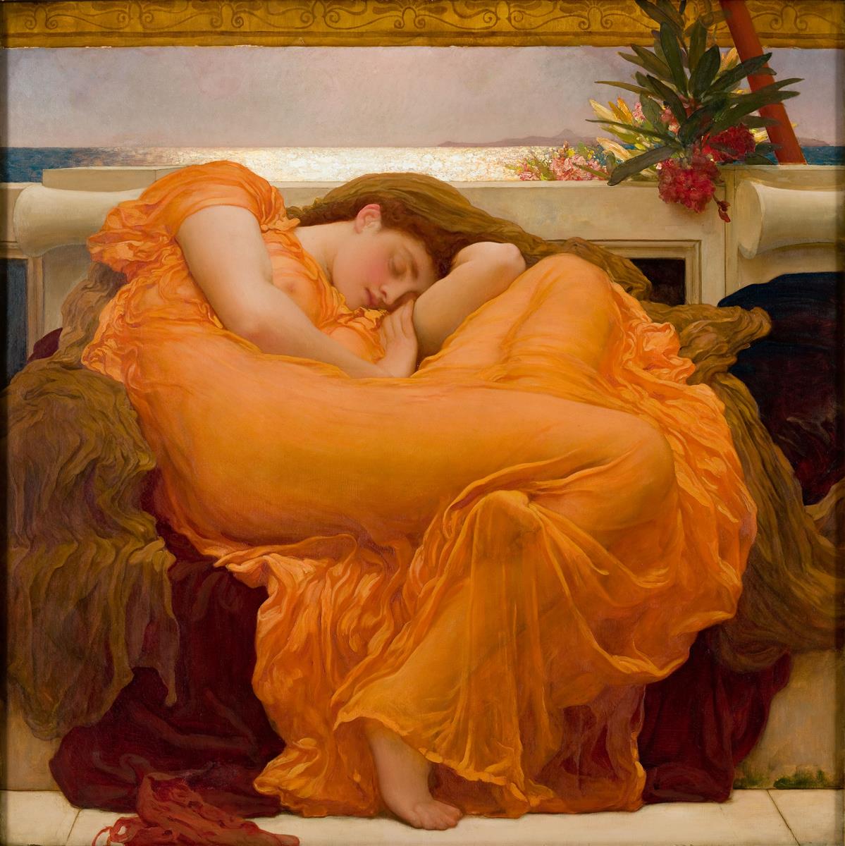 Flaming June by Frederic Leighton, a painting of a sleeping woman in a radiant orange gown curled on a marble bench beside flowers and a distant blue sea.