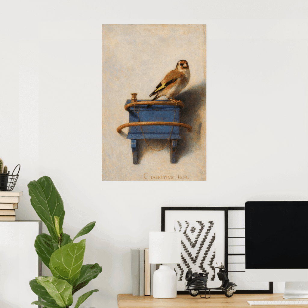 Poster of The Goldfinch by Carel Fabritius, featuring a small chained goldfinch perched on a blue wooden feeder against a soft light background, classic Dutch Golden Age wall art print.