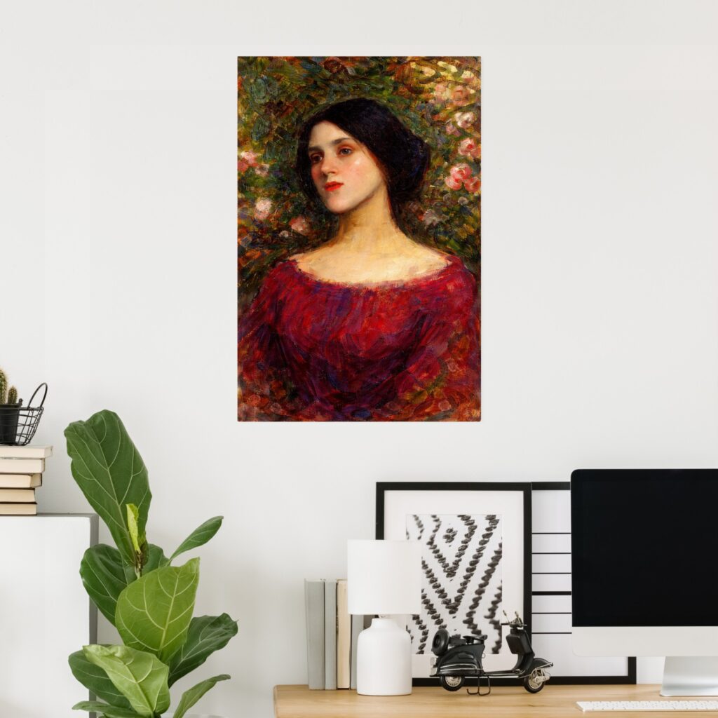 Poster of “The Rose Bower” by John William Waterhouse on a minimalist home office wall, featuring a dark-haired woman in a red dress against a floral rose background.