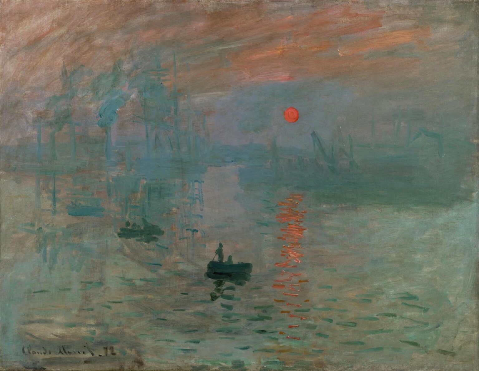 Claude Monet’s Impression, Sunrise showing a misty dawn over the harbor at Le Havre, with small rowboats in the foreground, a glowing orange sun, and soft blue gray water and sky.