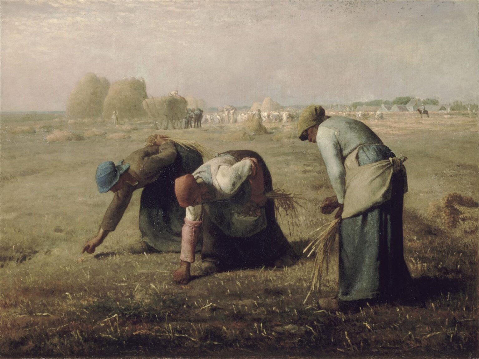 Jean-François Millet’s 1857 painting “The Gleaners,” showing three peasant women bent over a harvested field collecting leftover wheat, with haystacks, workers, and a sunlit rural landscape in the distance.