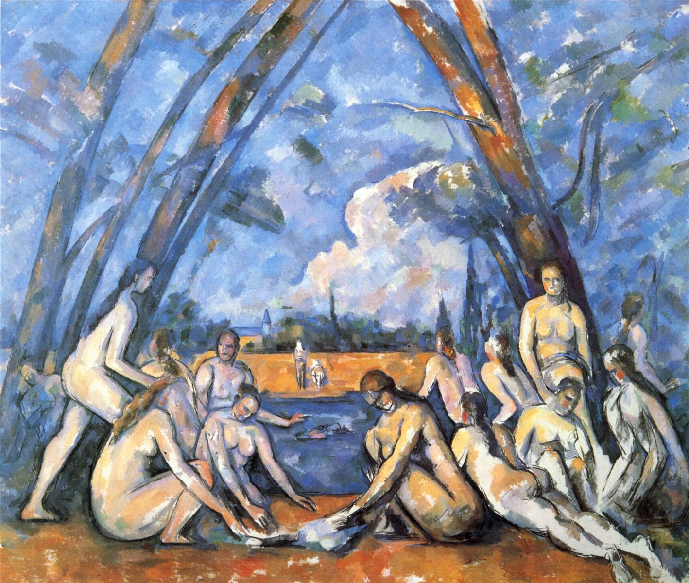 Paul Cezanne’s “Large Bathers” showing a group of nude figures gathered in a landscape beneath arching trees, painted with cool blues, warm earth tones, and a monumental triangular composition.